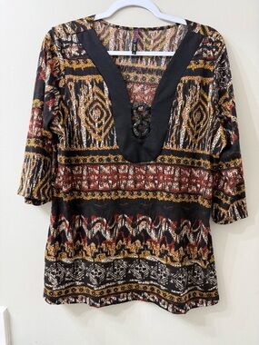 Judith 2X Boho Tribal Tunic Top Plus Size V Neck 3/4 Sleeve Festival Aztec